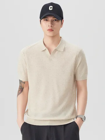 Polo da Uomo in Misto Lyocell Lino Lavorata a Maglia Vestibilità Larga Colletto Gabbiano Manica Corta Top Casual Tinta Unita Abbigliamento Estivo Classico