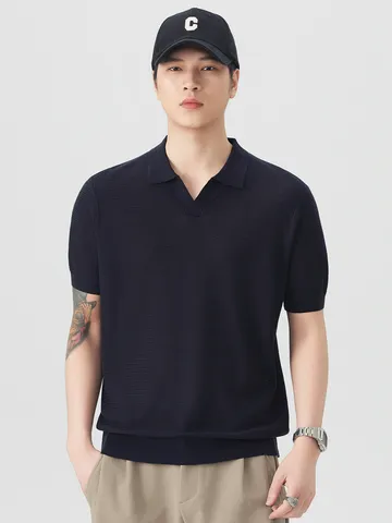 Polo da Uomo in Misto Lyocell Lino Lavorata a Maglia Vestibilità Larga Colletto Gabbiano Manica Corta Top Casual Tinta Unita Abbigliamento Estivo Classico