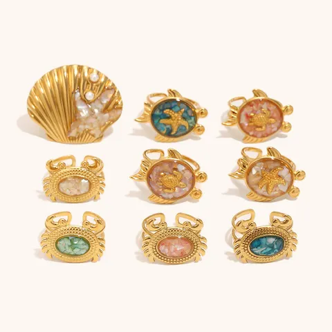 Mode Edelstahl Ozean Resort Stil Ring Luxus Vergoldet Schildkröte Krabbe Muschel Seestern Offener Verstellbarer Ring Für Damen Schmuck Geschenk