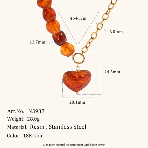 Vintage Leichter Luxus Edelstahl Vergoldet Halskette Ohrringe Set Harz Acryl Bernstein Spirale Herz Anhänger Kette Schmuck für Damen