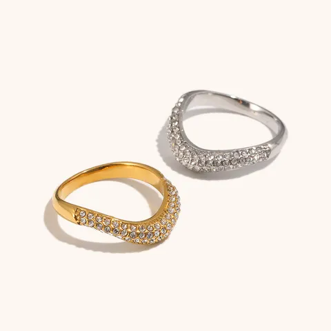Anello in Acciaio Inossidabile a Forma di V con Strass di Moda Design di Nicchia Galvanizzato Oro Argento Regolabile Geometrico per Donna
