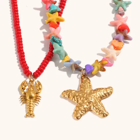 Collana con Ciondolo in Resina Perlata con Aragosta Stella Marina Oceano Placcata in Oro in Acciaio Inossidabile Gioielli Girocollo Fatti a Mano Colorati per Donna