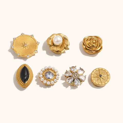 Stainless Steel 18K Gold Plated Flower Star Rhinestone Suit Buttons For Men Women Retro Luxury Artificial Pearl Cufflinks Jewelry Accessories