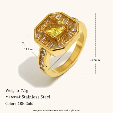 Anillo de Acero Inoxidable con Strass Amarillo Octágono de Lujo para Mujer Chapado en Oro de 18K Joyería Geométrica Vintage