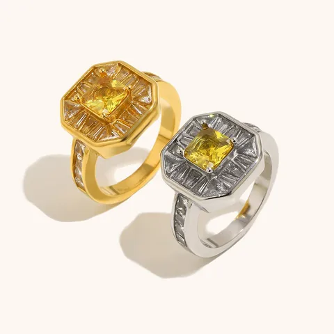 Anillo de Acero Inoxidable con Strass Amarillo Octágono de Lujo para Mujer Chapado en Oro de 18K Joyería Geométrica Vintage