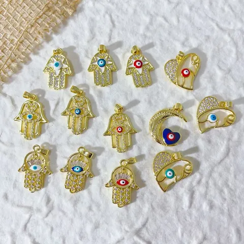 Ciondoli Moda Malocchio Mano Di Fatima Cuore Per Creazione Gioielli Pendenti In Rame Placcato Oro Con Strass Accessori Fai Da Te Bracciale Collana