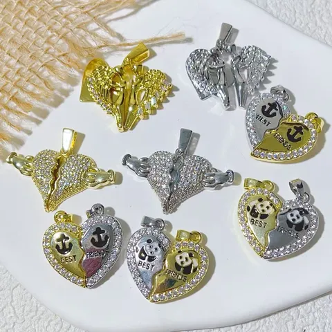 Alloy 18K Gold Plated Heart Pendant Rhinestone Best Friends Split Couple Matching Pendants Panda Anchor Charm DIY Jewelry
