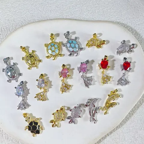 Ozean-Serie Kupfer Vergoldet Meeresschildkröte Goldfisch Delfin Anhänger Strass Eingelegt DIY Schmuckherstellung Zubehör Für Halskette