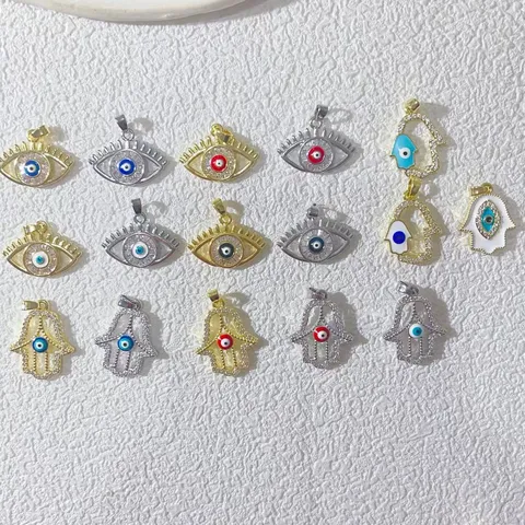 Kupfer Gold Silber Vergoldet Böser Blick Hand der Fatima Anhänger Für Damen Strass Zarter Halskette DIY Schmuck Zubehör