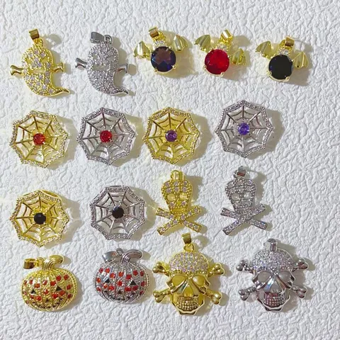 Halloween Kupfer Vergoldet Strass Geist Totenkopf Spinnennetz Kürbis Fledermaus Anhänger Für DIY Halskette Armband Schmuckherstellung Zubehör