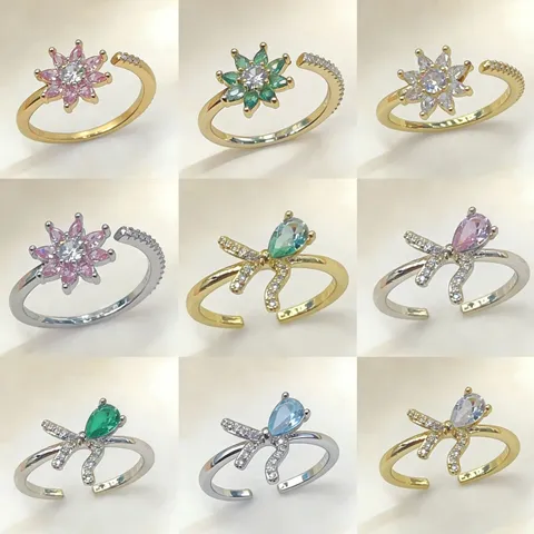 Vergoldeter Kupfer Zirkonia Ring Für Damen Luxus Schleife Floral Wassertropfen Verstellbarer Offener Zirkonia Fingerring