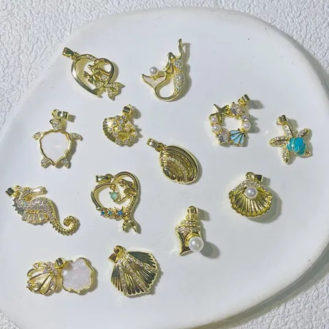 Ozean Serie Kupfer Vergoldet Anhänger Für Schmuckherstellung Muschel Seepferdchen Meerjungfrau Seestern Anhänger Mit Strass Künstliche Perle DIY Handwerk Zubehör