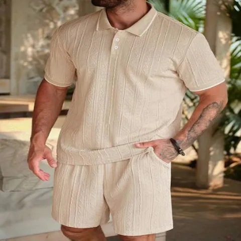 Ανδρικό Casual Σετ από Πολυεστέρα Polo Πάνω και Κάτω Μέρος Ζακάρ Ανάγλυφο Κοντό Μανίκι Πουκάμισο Σορτς Καλοκαιρινό Σετ Παραλίας