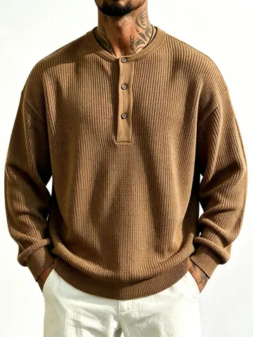 Ανδρικό Πλεκτό Στυλ Old Money Henley Λαιμόκοψη Φθινόπωρο Χειμώνας Χαλαρό Πλεκτό Μονόχρωμο Casual Μακρυμάνικο Top