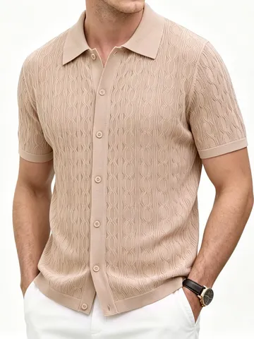 Ανδρικό Πλεκτό Μπλουζάκι POLO Old Money Βίντατζ Ζακάρ με Κύματα Γυριστός Γιακάς Πολυεστέρας Κοντό Μανίκι Top Gentleman Casual Smart Casual Πλεκτά Ρούχα για Άνδρες
