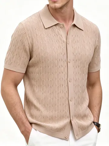 Ανδρικό Πλεκτό Μπλουζάκι POLO Old Money Βίντατζ Ζακάρ με Κύματα Γυριστός Γιακάς Πολυεστέρας Κοντό Μανίκι Top Gentleman Casual Smart Casual Πλεκτά Ρούχα για Άνδρες