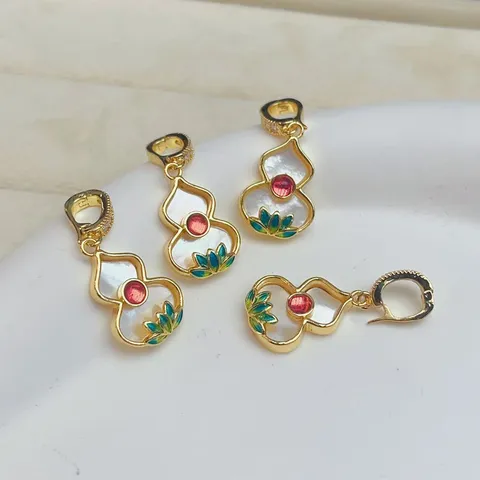 Copper Gold Plated Gourd Pendant With Universal Clasp Enamel Dripping Real Shell Rhinestone Charm For Necklace Bracelet Pearl Chain Accessory