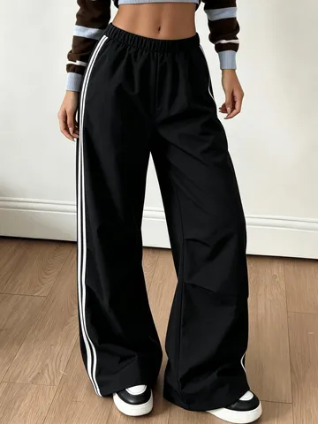 Pantaloni Casual da Donna a Gamba Larga in Poliestere a Vita Alta Larghi a Righe Laterali a Contrasto Lungo