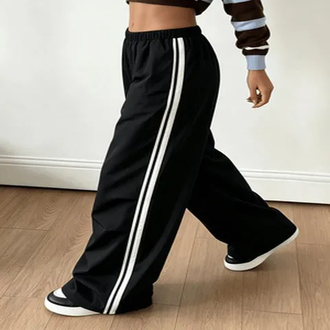 Pantaloni Casual da Donna a Gamba Larga in Poliestere a Vita Alta Larghi a Righe Laterali a Contrasto Lungo