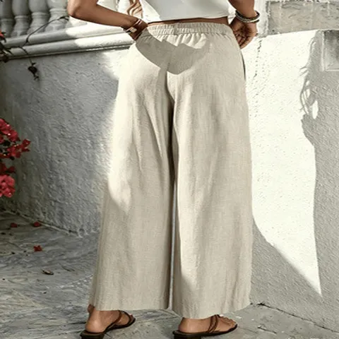 Women's Plus Size High Waisted Pleated Wide Leg Casual Pants Drapey Floor Length Polyester Trousers Loose Bottom