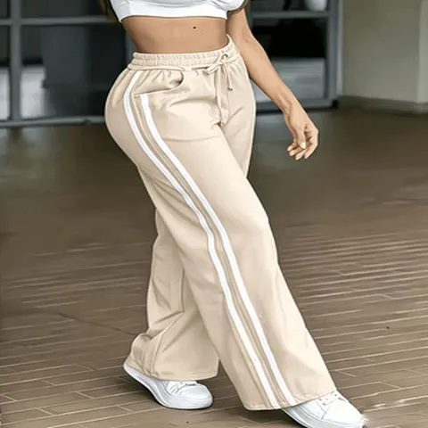 Plus Size Women Wide Leg Sweatpants Side Stripe Elastic Waist Drawstring Loose Casual Long Pants Polyester Drape Sweatpants