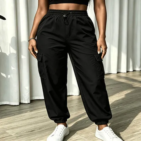 Women Streetwear Polyester Cargo Pants Solid Color Multi Pocket Drawstring Casual Long Pants High Waist Straight Leg Trousers