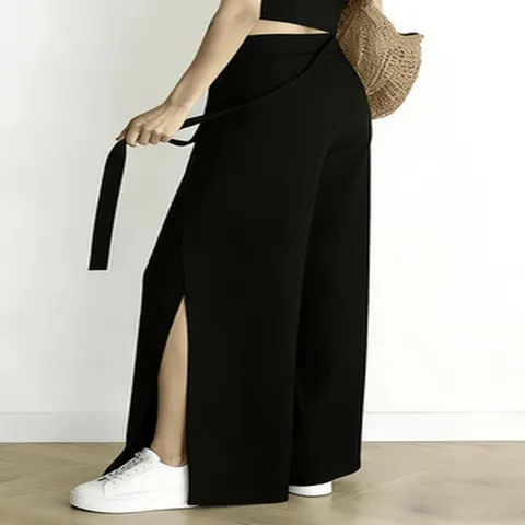 Women Plus Size Wide Leg Pants High Waist Tie Front Side Slit Trousers Elegant Office Commuter Solid Color Long Pants