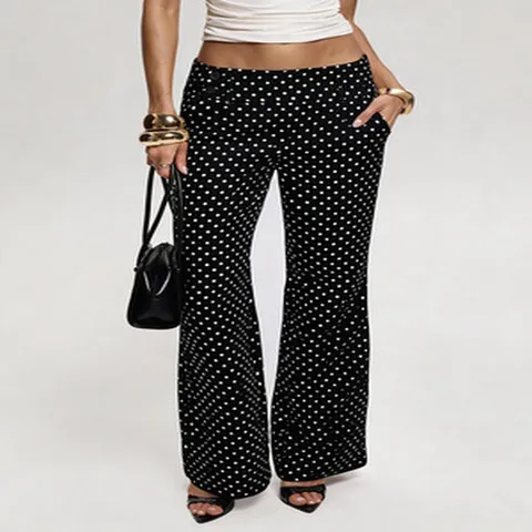 Women Low Rise Polka Dot Flare Pants Vintage Slim Fit Polyester Full Length Wide Leg Flared Trousers