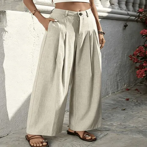 Women's Plus Size High Waisted Pleated Wide Leg Casual Pants Drapey Floor Length Polyester Trousers Loose Bottom