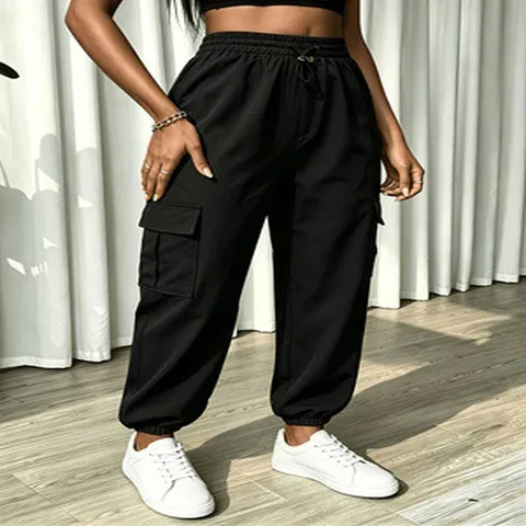 Women Streetwear Polyester Cargo Pants Solid Color Multi Pocket Drawstring Casual Long Pants High Waist Straight Leg Trousers
