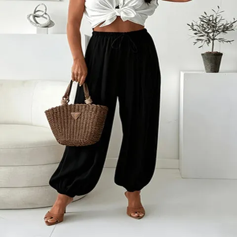 Women Summer Loose Drawstring Lantern Pants Casual Harem Pants Solid Color Mid Waist Trousers Elegant Bottoms