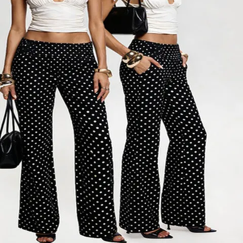 Women Low Rise Polka Dot Flare Pants Vintage Slim Fit Polyester Full Length Wide Leg Flared Trousers