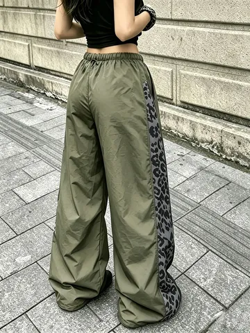 Pantaloni a Gamba Larga da Donna Streetwear Patchwork Leopardato Casual Vita Alta Coulisse Pantaloni Sportivi Allentati Lunghi