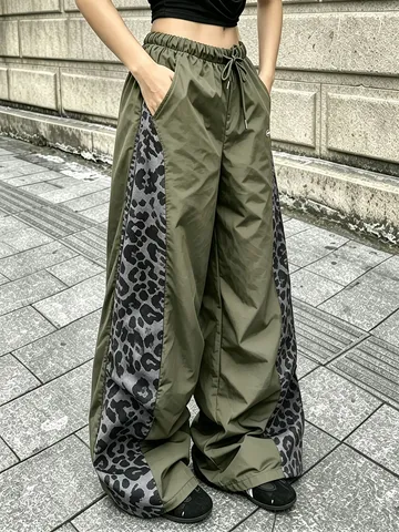 Pantaloni a Gamba Larga da Donna Streetwear Patchwork Leopardato Casual Vita Alta Coulisse Pantaloni Sportivi Allentati Lunghi