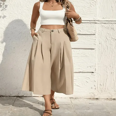 Women High Waist Cropped Wide Leg Pants Solid Color Draped Casual Culottes Thin Loose Trousers For Summer Daily Vacation