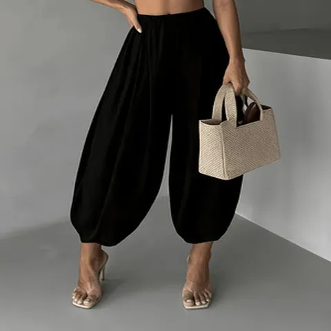 Women High Waist Lantern Pants Solid Color Ankle Cuffed Loose Fit Casual Thin Trousers Harem Pants Bottom