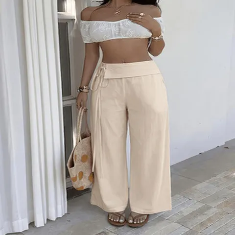 Pantaloni da Donna a Vita Alta con Lacci e Gamba Larga in Poliestere Tinta Unita Larghi da Vacanza Lunghi Casual da Spiaggia