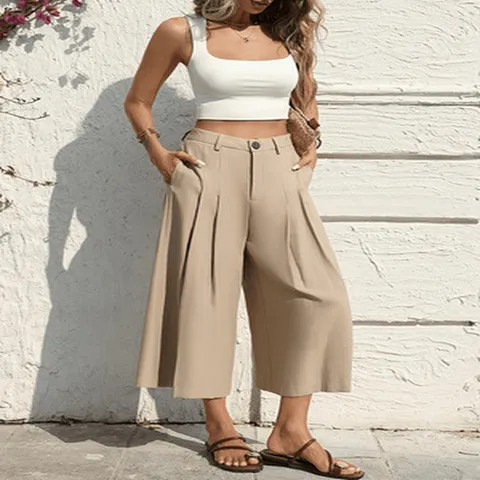 Women High Waist Cropped Wide Leg Pants Solid Color Draped Casual Culottes Thin Loose Trousers For Summer Daily Vacation