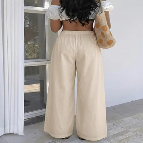 Pantaloni da Donna a Vita Alta con Lacci e Gamba Larga in Poliestere Tinta Unita Larghi da Vacanza Lunghi Casual da Spiaggia