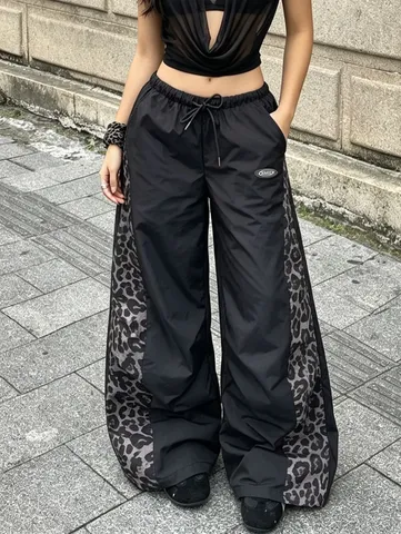 Women's Y2K Leopard Print Patchwork Wide Leg Pants Casual High Waist Drawstring Loose Streetwear Sport Bottom