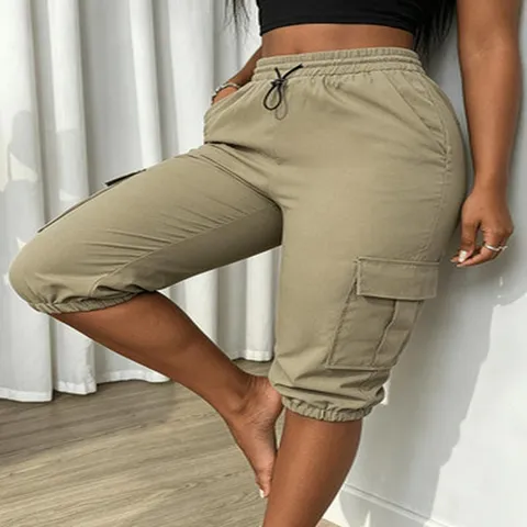 Women's Casual Cargo Capris Slim Streetwear Solid Color Drawstring Elastic Waist Pockets Cropped Pants
