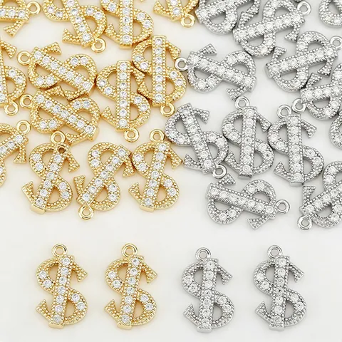 Kupfer Zirkonia Geldzeichen Dollar Symbol Anhänger Für DIY Schmuckherstellung Halskette Armband Handwerk Zubehör Gold Silber