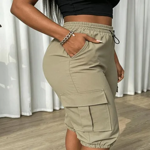 Women's Casual Cargo Capris Slim Streetwear Solid Color Drawstring Elastic Waist Pockets Cropped Pants