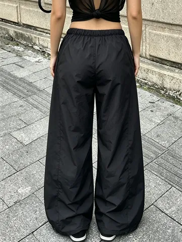 Women's Y2K Leopard Print Patchwork Wide Leg Pants Casual High Waist Drawstring Loose Streetwear Sport Bottom