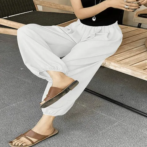Women Casual Polyester Bloomers Pants High Waist Elastic Solid Color Lantern Harem Trousers Loose Loose Ankle-Cuffed Joggers Female Pant