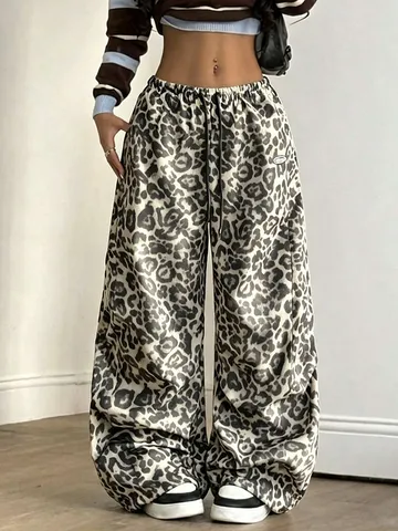 Women Streetwear Polyester Leopard Print Patchwork Sweatpants Elastic Mid Rise Drawstring Loose Wide Leg Casual Pants With Pockets
