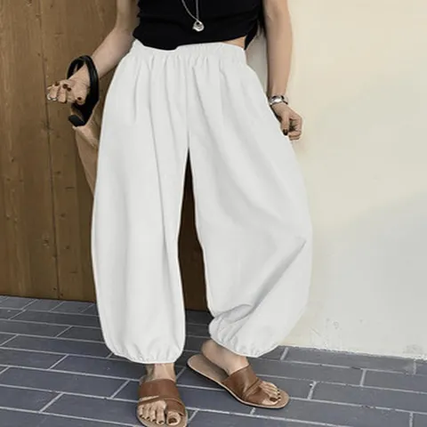 Women Casual Polyester Bloomers Pants High Waist Elastic Solid Color Lantern Harem Trousers Loose Loose Ankle-Cuffed Joggers Female Pant