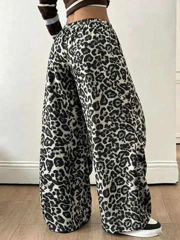 Women Streetwear Polyester Leopard Print Patchwork Sweatpants Elastic Mid Rise Drawstring Loose Wide Leg Casual Pants With Pockets