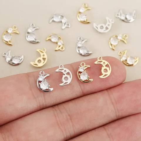 Moon Crescent Pendant Charm For DIY Jewelry Making Rhinestone Inlaid 18K Gold Plated Copper Individual Fashion Accessories Jewelry Charm