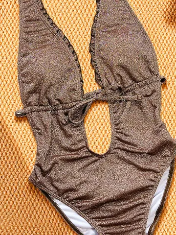 Bañador de Una Pieza para Mujer con Lazo al Cuello Halter Sexy Monokini Color Sólido Hueco Tela Brillante Sin Espalda Acolchado